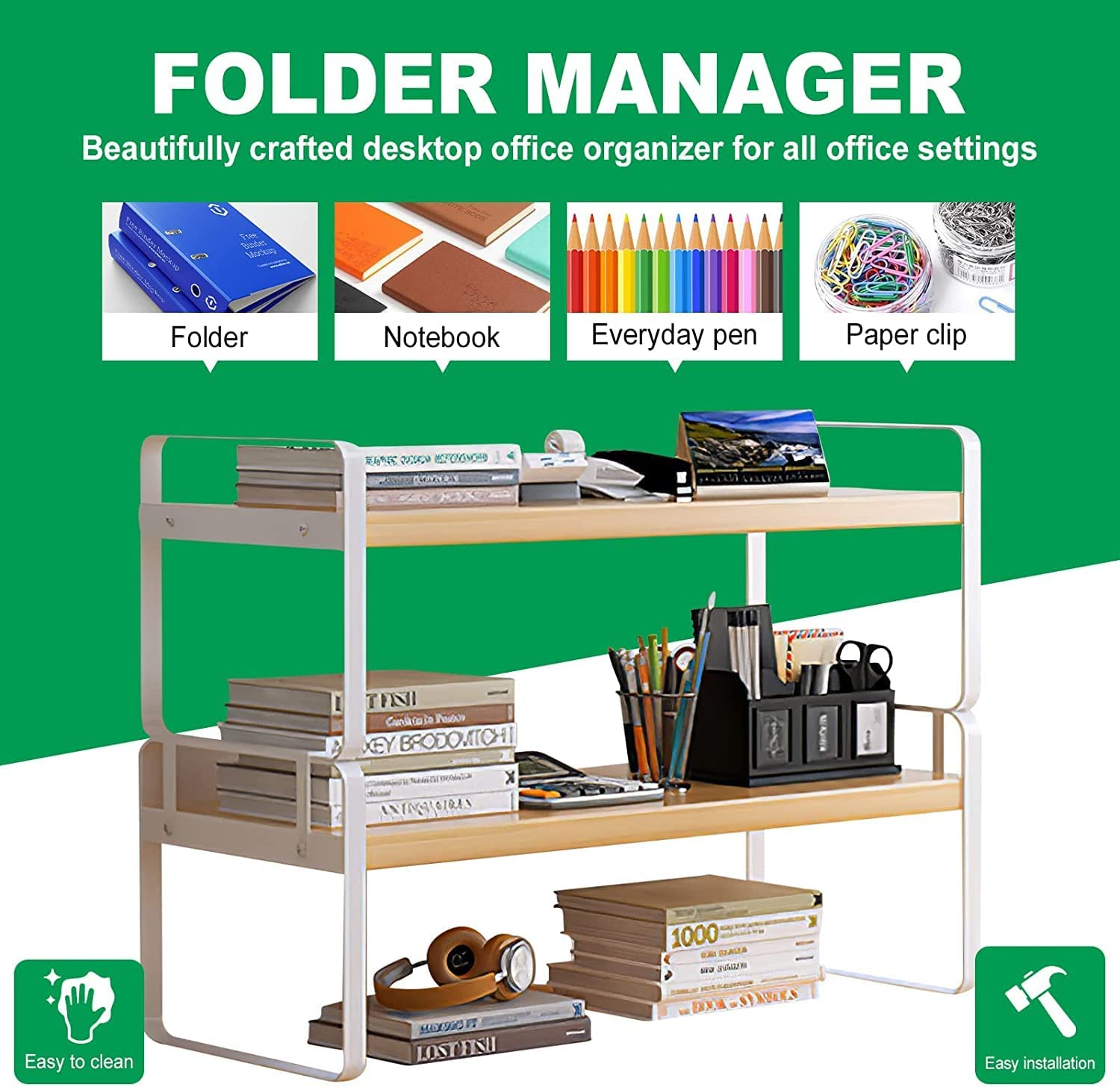 Joiena 2 Tier Desktop Bookshelf Plant Stand with Metal Frame Wood Board Desk Display Shelf Decor for Kids Office Rack Stationery Organizer Living Room Storage and Dormitory Use