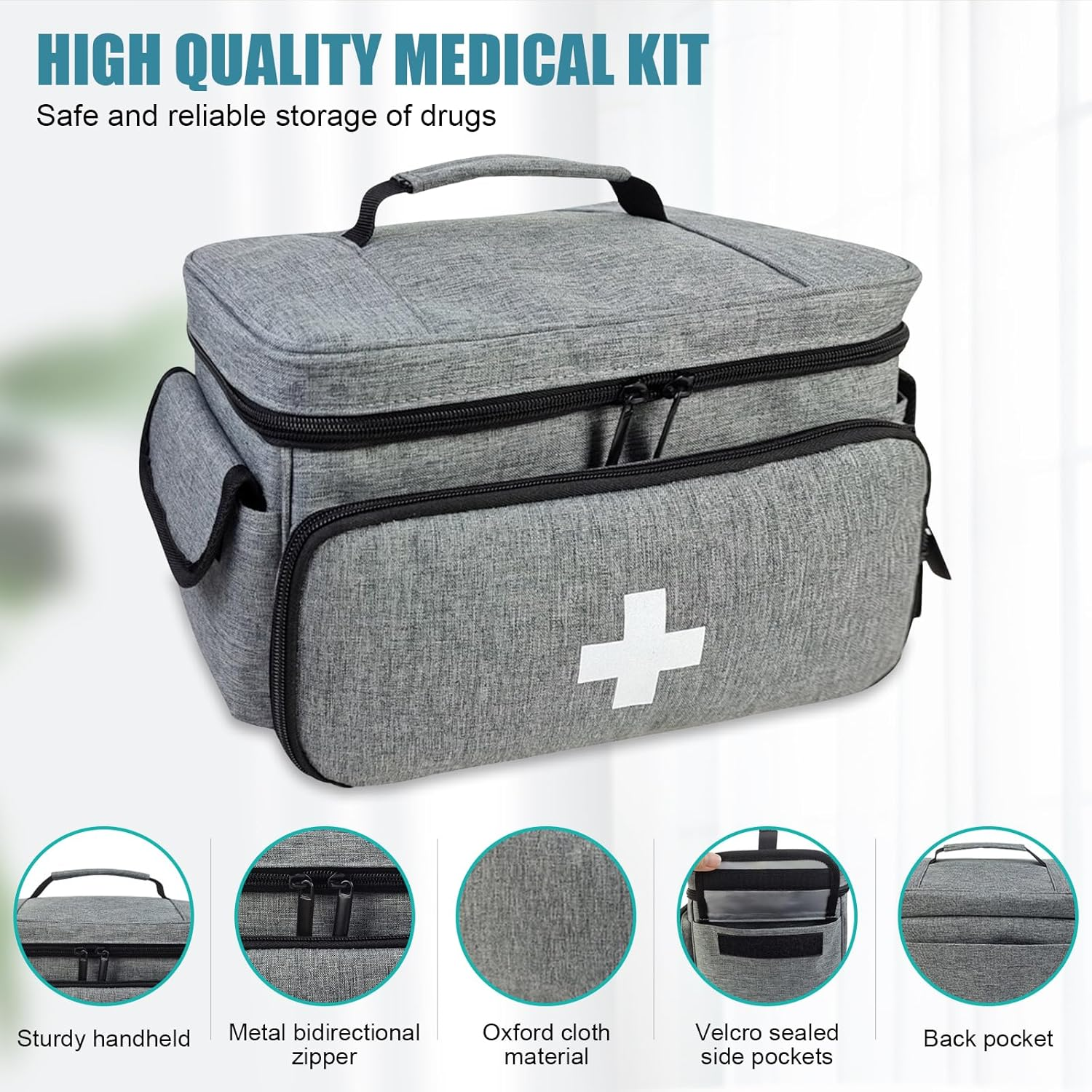 Medical Bag-Empty First Aid Bag, Emergency Kit, Nurse Bag, Large Capacity Medicine Organizer with Multiple Compartments for Home Visits, Home, Travel (Grey) image number 6