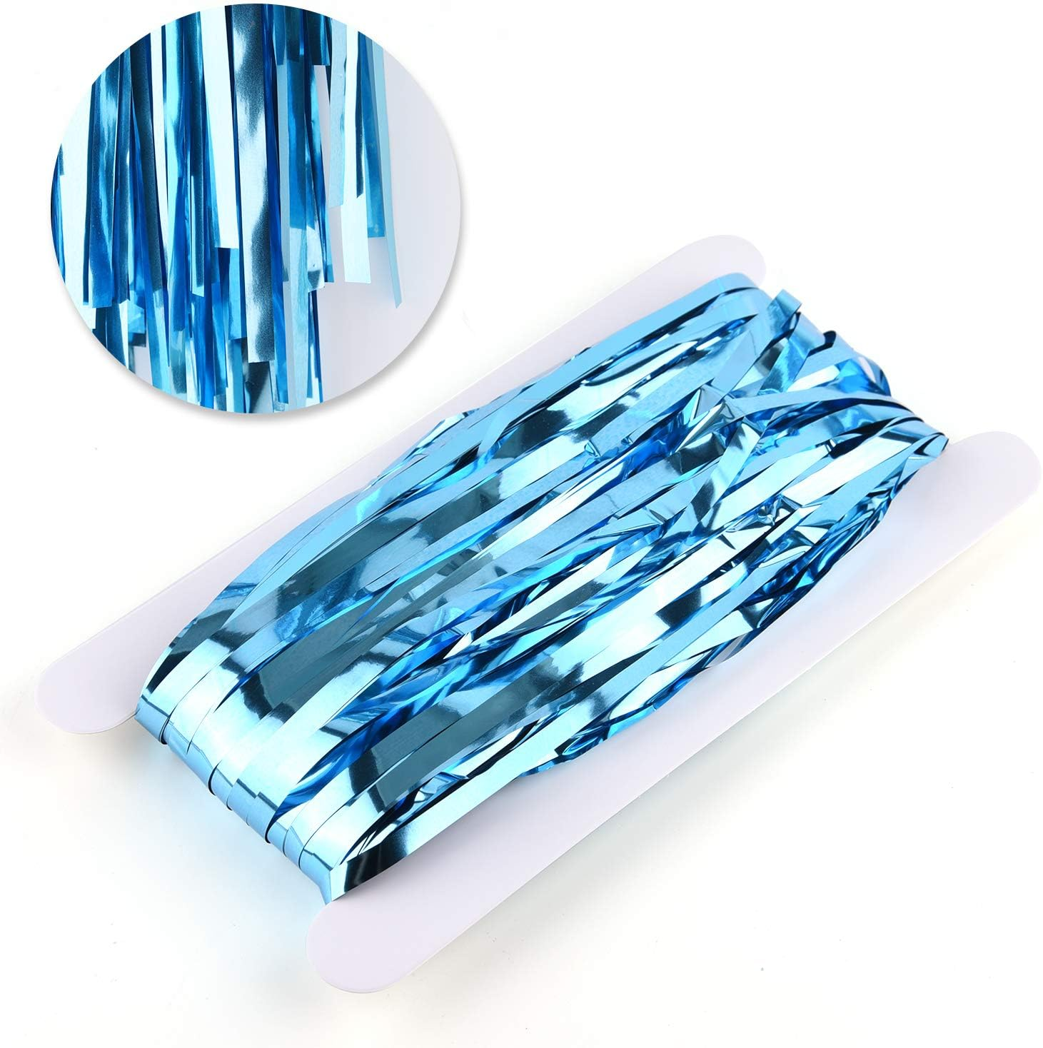 CHRORINE 1Pcs 6.5Ft Light Blue Metallic Tinsel Foil Fringe Curtain Door Curtains Hanging Streamers for Frozen Mermaid Birthday Baby Shower Mama Mia Bachelorette Blue Party Decorations image number 5