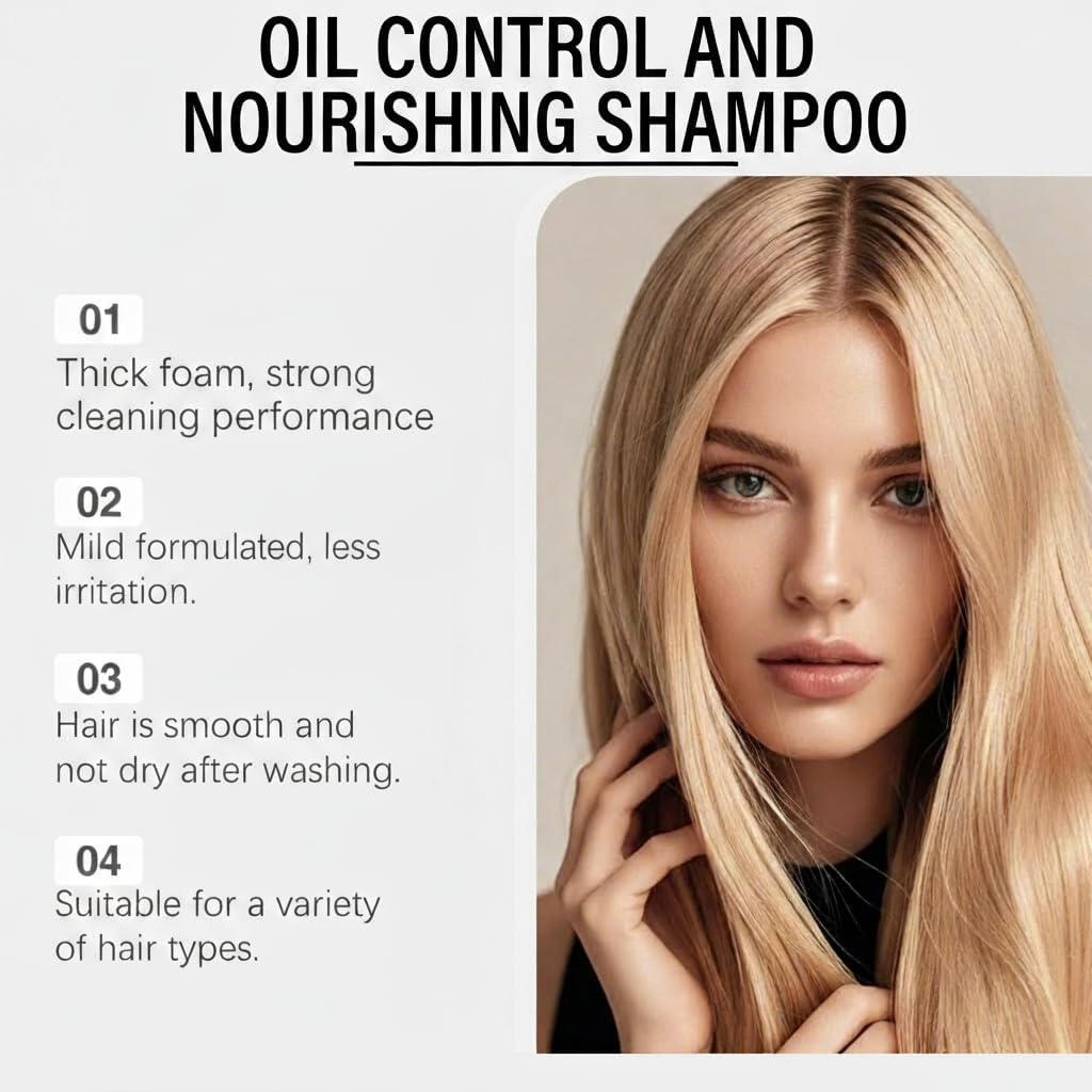Oil Control Nourishing Shampoo with Ginseng Root & Polygonum Multiflorum Extract, Thick Foam, Mild Formulated, Strengthens Hair from Root, Improves Hair Volume & Health, Suitable for All Types (3PCS)