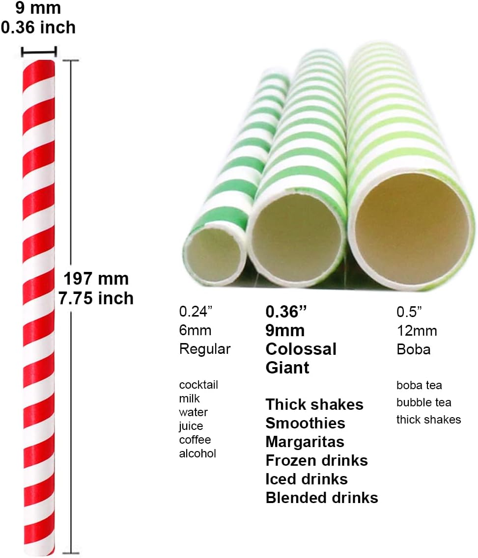 Milkshakes Straws,Paper Smoothie Straws 9Mm Wide Disposable Biodegradable Drinking Straws for Slushies Bubble Boba Tea Juice Jumbo Shakes Malts Frozen Drinks,Birthday Party Accessories,66Pcs Stripes