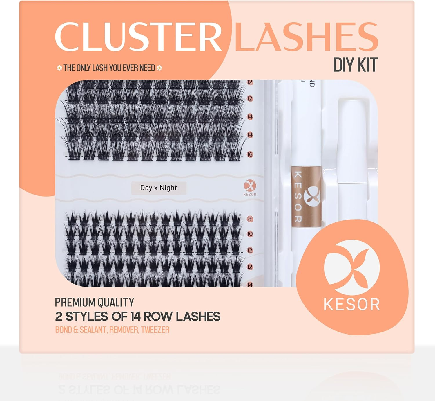 KESOR Lash Cluster DIY Extension Kit 168 Pcs 8-16Mm Premium Quality 2 Style, Bond, Sealant, Lash Applicator Tool, C Curl Mixed Natural & Volume Look in One Kit Soft Thin Band (8-16Mm at Home Kit) (Day X Night) image number 1