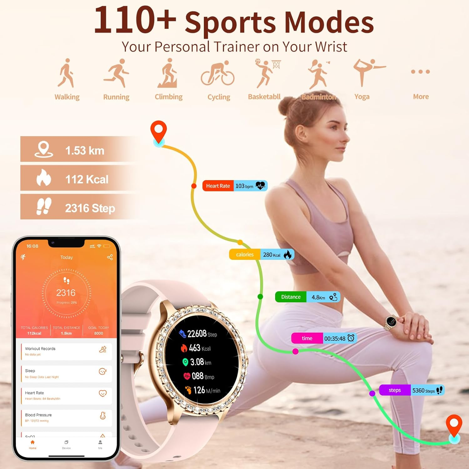 Fitonyo Women'S Smartwatch with Phone Function (Diamond Gold)