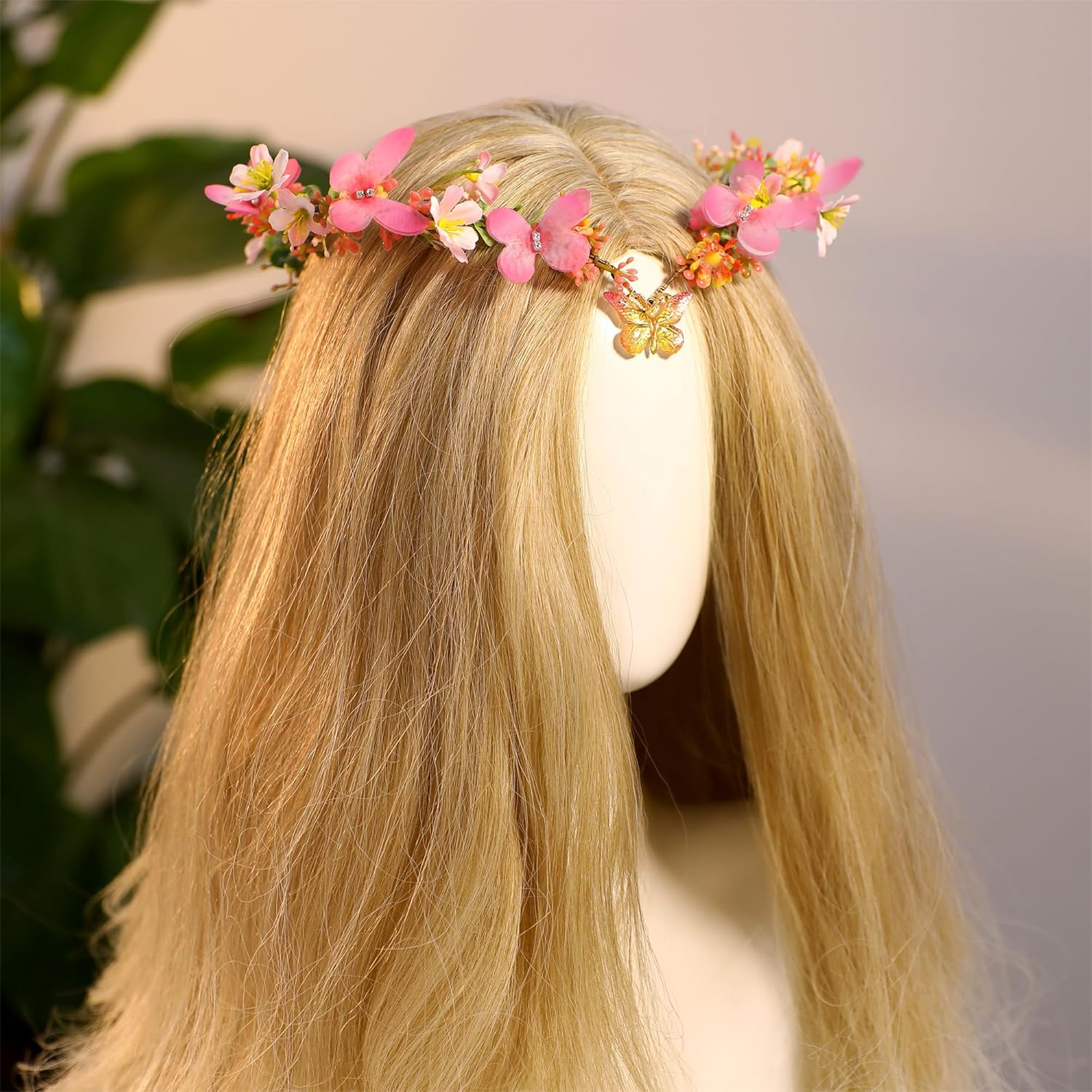 MOSTORY Butterfly Fairy Crown for Women Pink Elf Crown for Wedding Spring Photo Shoot image number 6