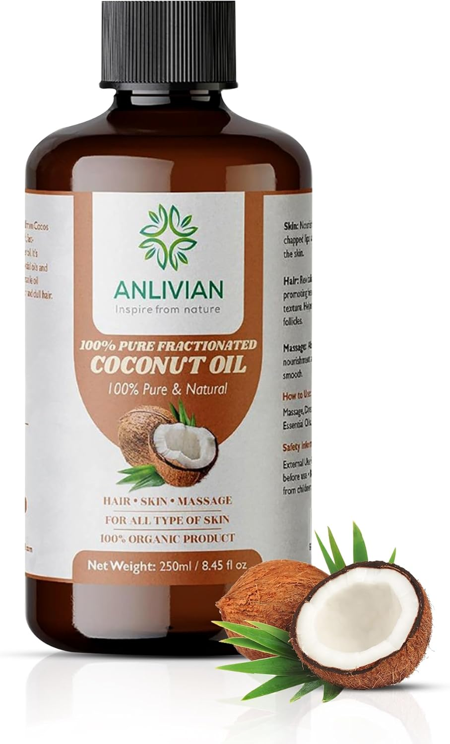 Organic Fractionated Coconut Oil 250Ml &ndash; Pure & Natural Carrier Oil for Hair, Skin & Body &ndash; Moisturiser, Massage&ndash; Vegan & Non-Gmo by Anlivian (250ML) image number 6