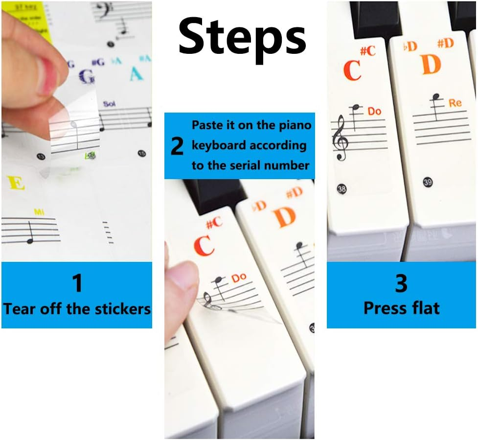 Colored Keyboard Stickers for 88/61/49/37 Key Keyboards, Full Set Transparent and Removable Piano Key Note Stickers for Kids and Beginners image number 1