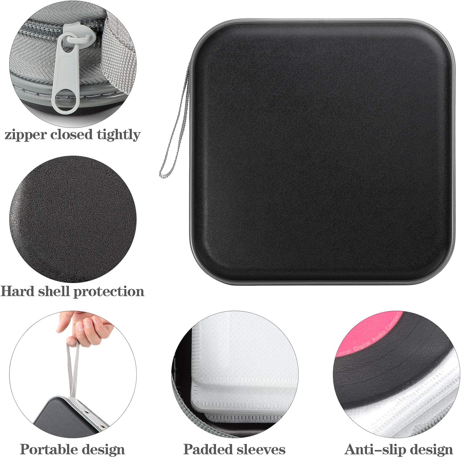 CD Case, DVD CD Wallet Holder Organizer for Car 48 Capacity Hard Plastic Portable Travel DVD Case Protective Zipper CD Case Holder Car Storage Wallet Bag (48 Capacity, Black) image number 5