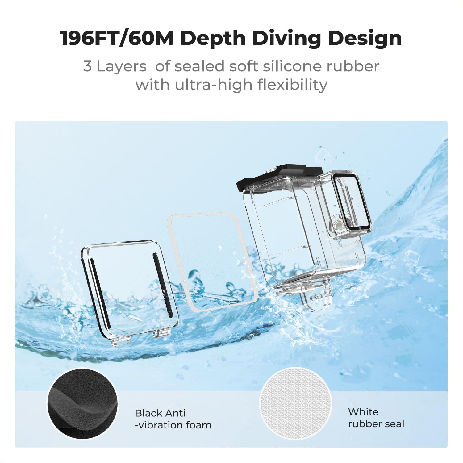 K&F Concept 60M/196FT Waterproof Case for Gopro Hero 13 Black, Protective Underwater Diving Housing for Go Pro 12/11/10/9 Black Accessories,Waterproof Action Camera Shell