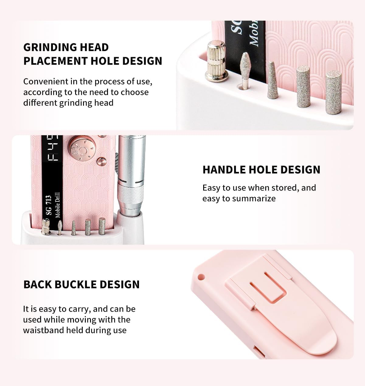 Yisis Professional Electric Nail File Kit - 45000RPM Rechargeable Nail Drill with 11 Bits, LED Screen, Ultra-Silent & Portable Design for Acrylics, Gel, Manicure (Pink) - Pink image number 5