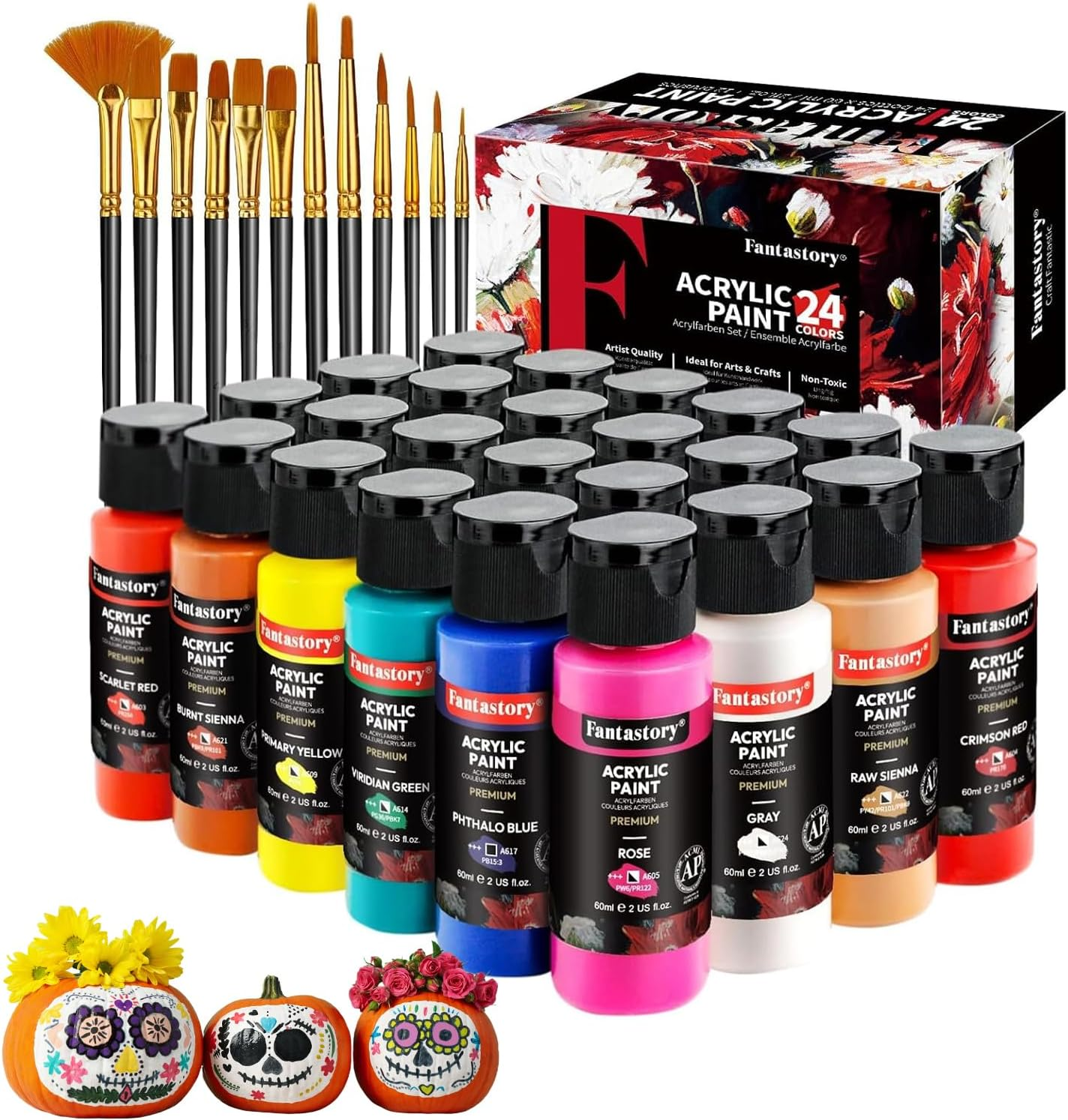 Fantastory Oster Acrylfarben Set 24X 60Ml,12 Pinsel;Exzellente Deckkraft,Hohe Lichtechtheit,Wasserfest Acrylic Paint;F&uuml;r Leinwand,Holz,Keramik,Modelle;K&uuml;nstler,Profis,Anf&auml;nger[Professionelle Serie image number 5
