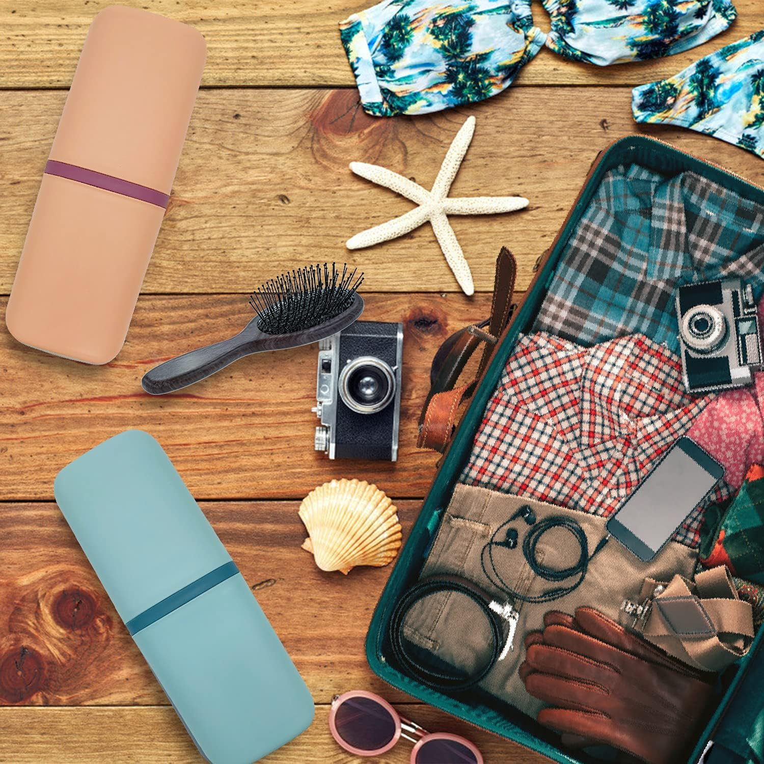 Sietdeseo Travel Toothbrushes Case Toothpaste Storage Box Cup Toothbrushes Travel Case for Trips and Daily Business Home Camping School Supplies 2 Packs - Light Blue Pink image number 2