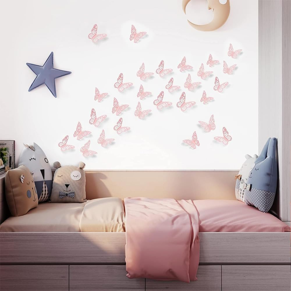 3D Pink Butterfly Wall Decor Stickers for Birthday Party Cake Decorations, Removable image number 1