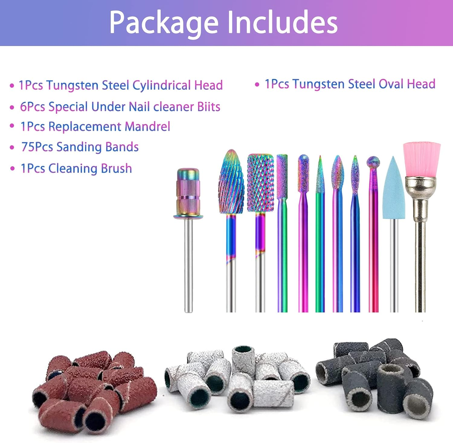 BQAN Nail Drill Bits, 10Pcs 3/32 in Carbide Professional Drill Bit Set for Nail Tech, Remove Acrylic Gel Nails, Manicure with 75Pcs File Sanding Bands (#80#120#180 Grits) - 17Pcs image number 4