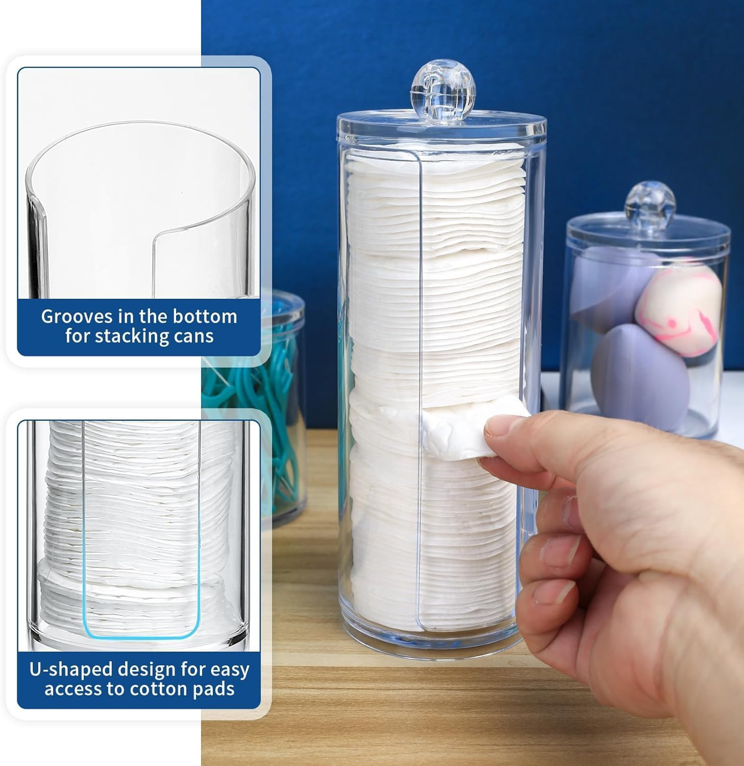 HUIRUMM 3 Pcs Cotton Pad Holder, Bathroom Cotton Wool Bud Holder,Swab Dispenser, round Pads,Clear Plastic Apothecary Jar Set Bathroom Canister Storage Organization, Vanity Makeup Organizer image number 3