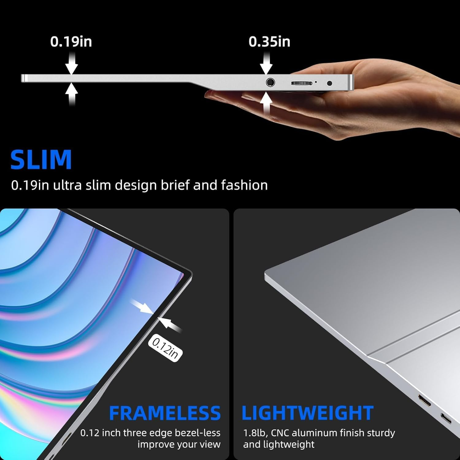 UPERFECT Portable Monitor 4K, 15.6'' Silvery 3840X2160 UHD HDR USB-C Monitor, 100% Adobergb, 400Cd/㎡Brightness, IPS Freesync Speaker Travel Extra Screen for Laptop, Type-C HDMI, VESA & Smart Case image number 3