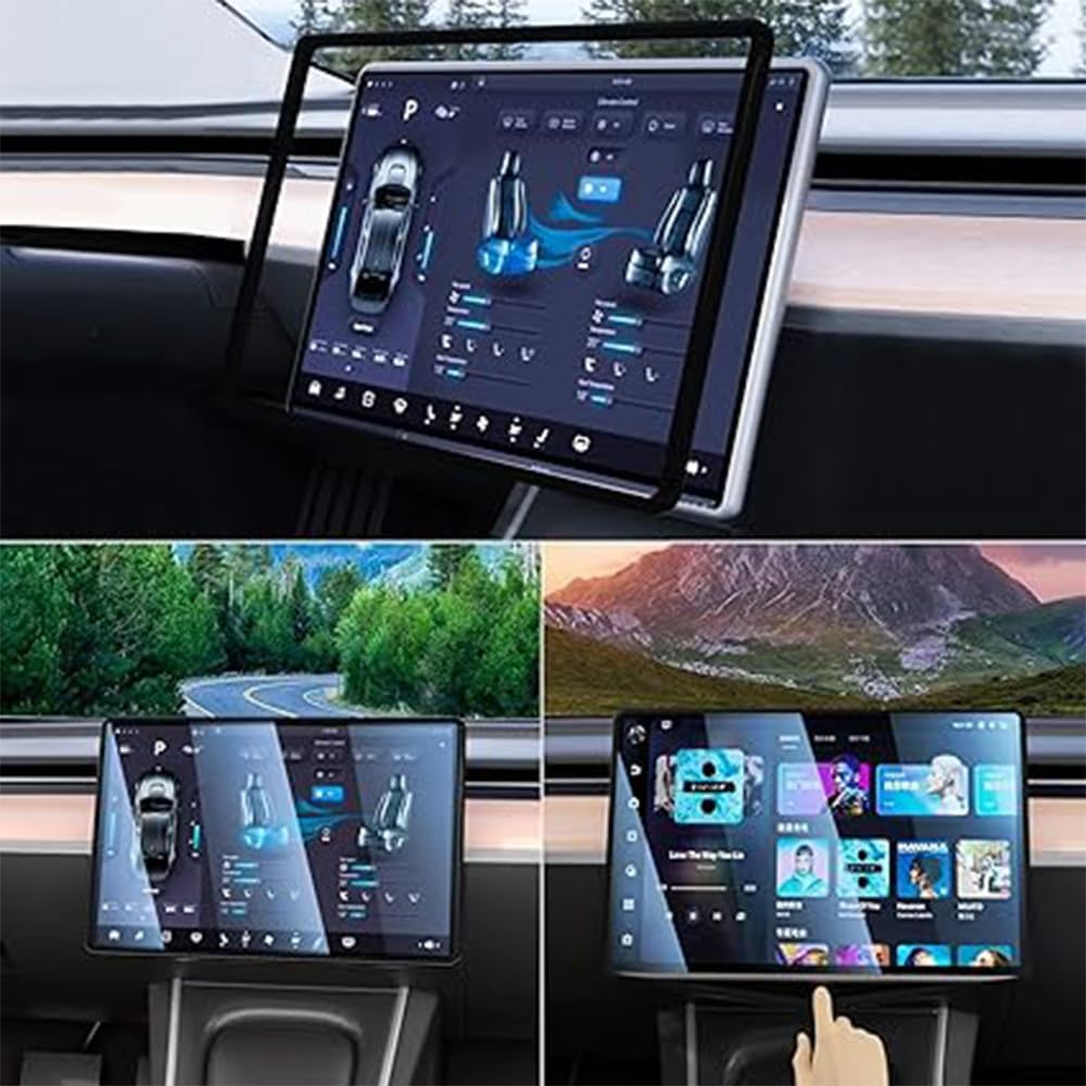 3 Pcs Center Console Screen Edge and Rearview Mirror Silicone Frame,For Tesla Model 3 Model Y (2019-2024), with Ultra-Thin Charge Mat,(Black) image number 1
