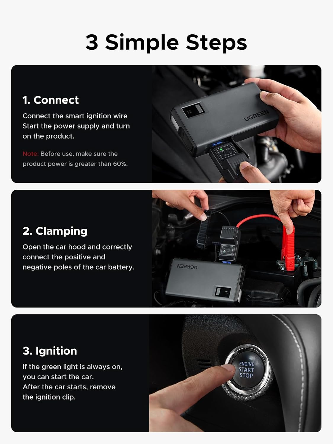 UGREEN Car Battery Jump Starter, 1000A Ultrasafe 12V Battery Pack, 3 in 1 Battery Booster, Jump Box, 12000Mah Portable Charger, Smart LED Light, Jumper Cables for 6.0L Gasoline and 3.5L Diesel Engines