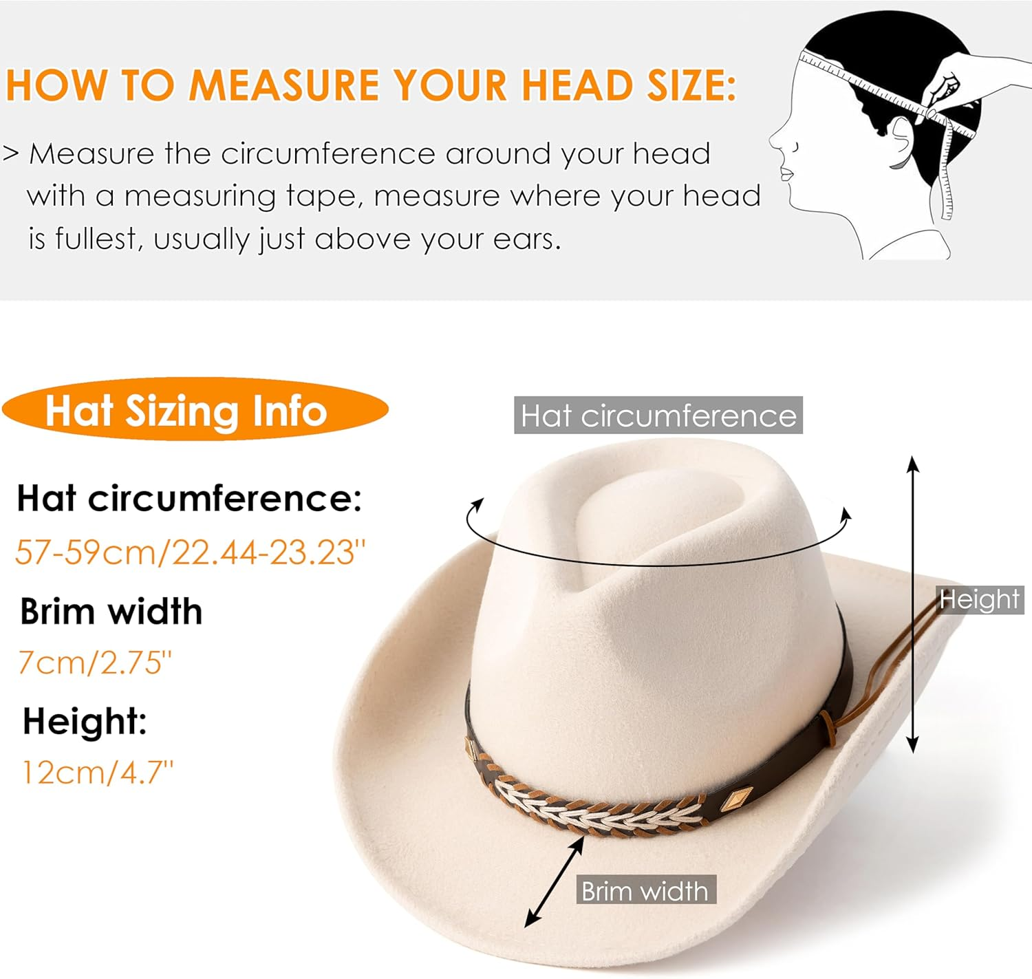Gossifan Western Cowboy & Cowgirl Hat Felt Wide Brim Women Men Fedora - B Belt White image number 7