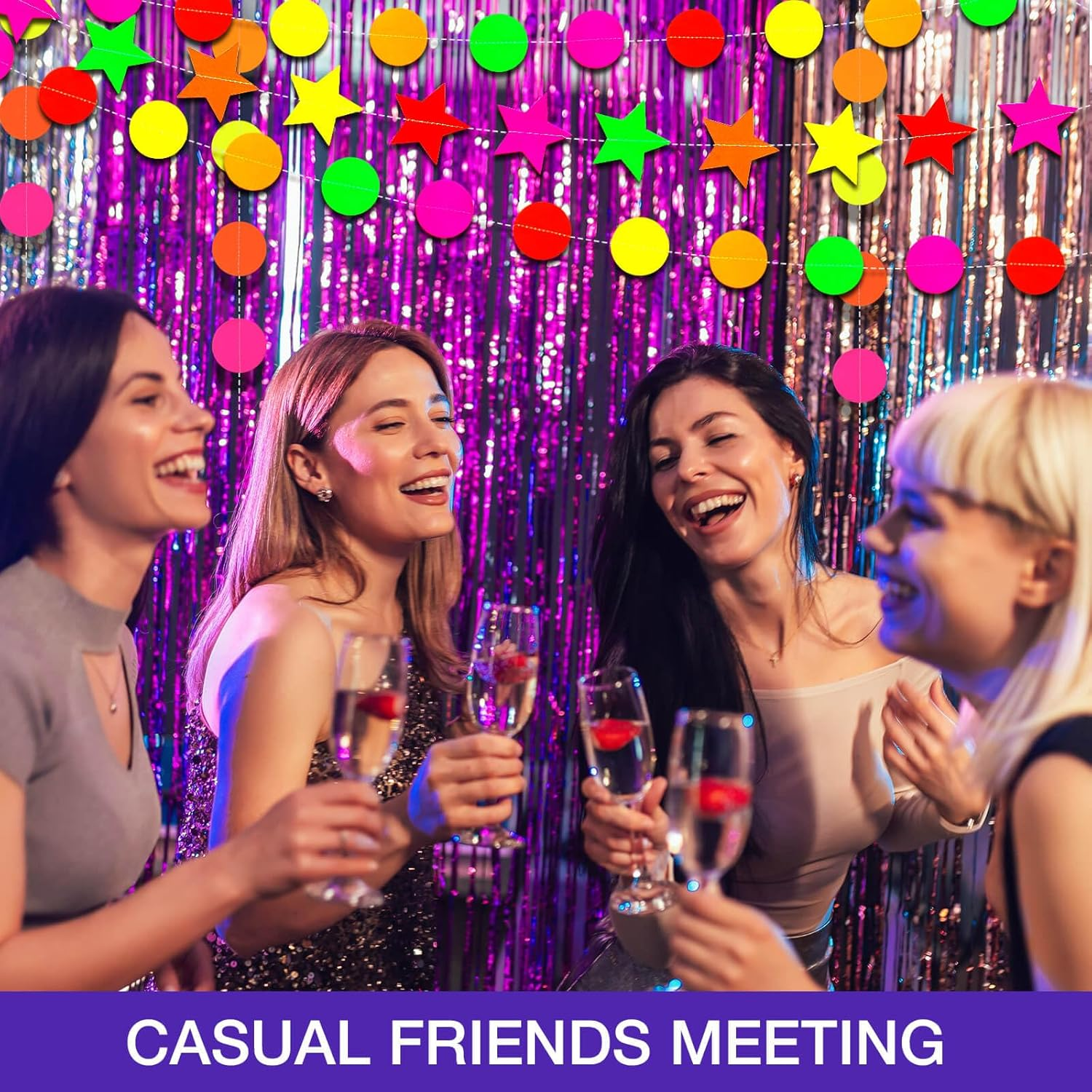 Dayker UV Neon round Garland, Star Paper Neon Streamers Banner, Reusable Blacklight Fluorescent Decorations Glow in the Dark Party, UV Reactive for Party Supplies Wedding Birthday Decor, Total 32.49Ft image number 4