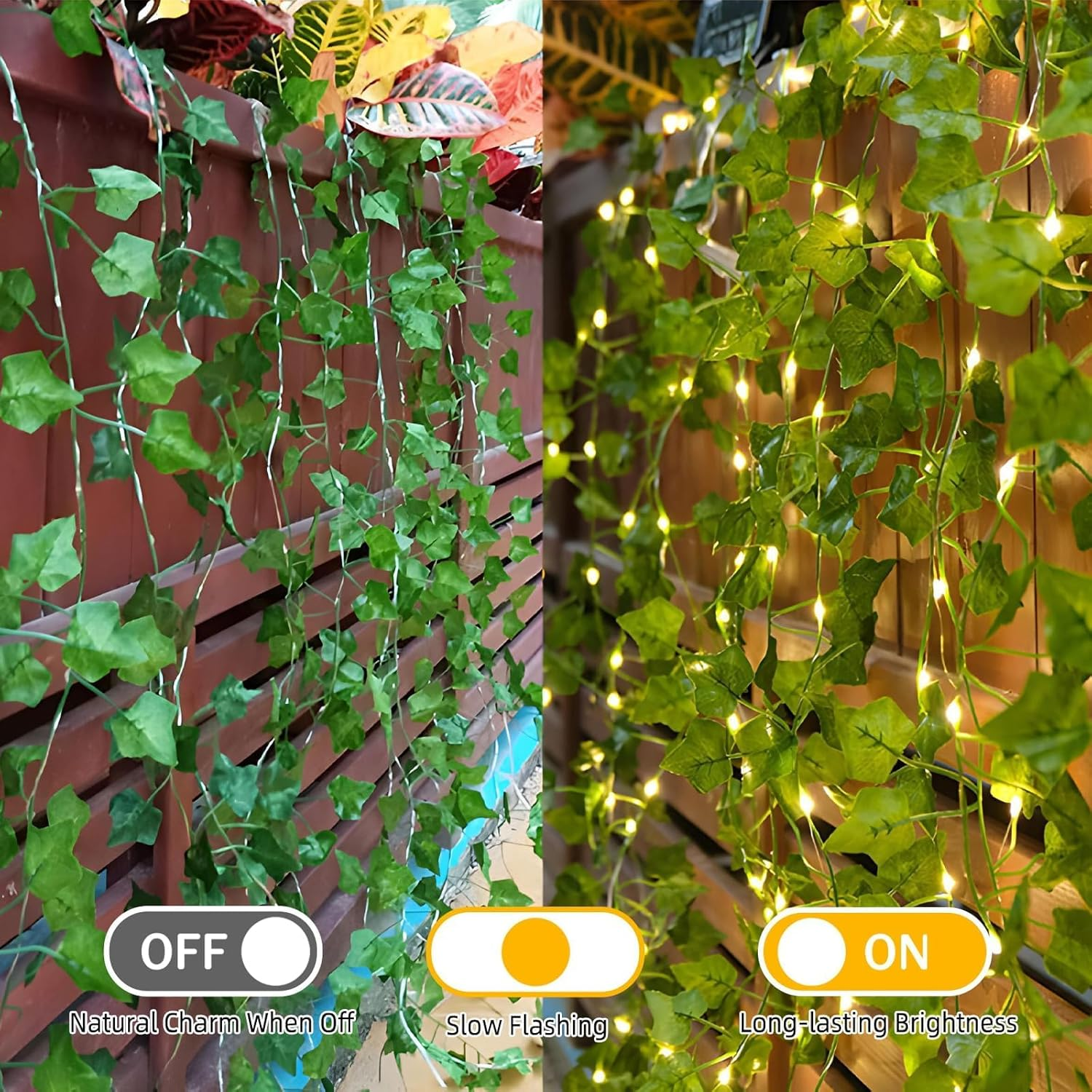 Taefuhnn 1 Pack 10M 100LED Vine Leaf Fairy String Lights Batteries Powered, Fake Green Ivy Vine Fairy String Lights for Room Home Bedroom Outdoor Indoor Curtain Garden Decor image number 5