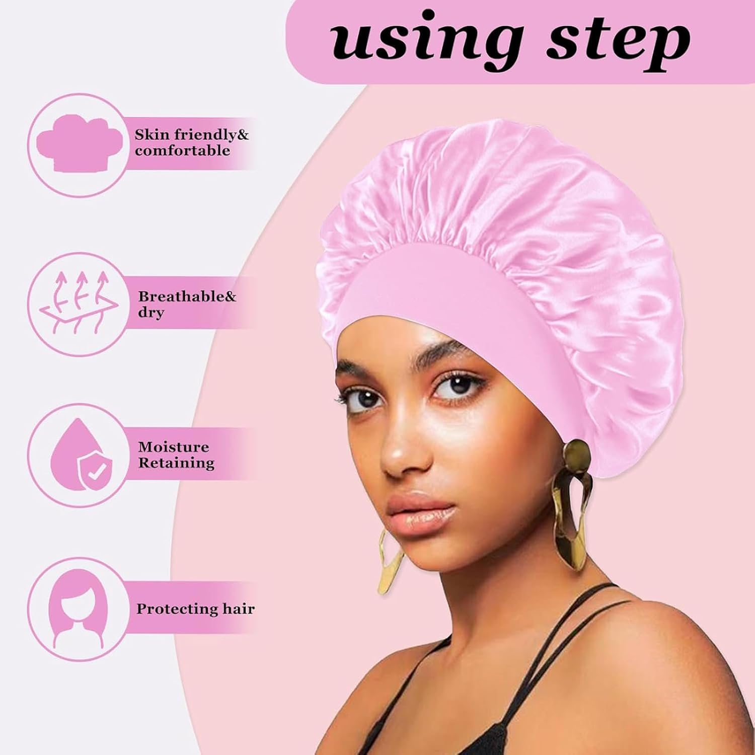 4Pcs Double Layer Satin Silk Hair Bonnet for Sleeping with Elastic Band for Natural Curly Hair Unisex Sleep Cap image number 6