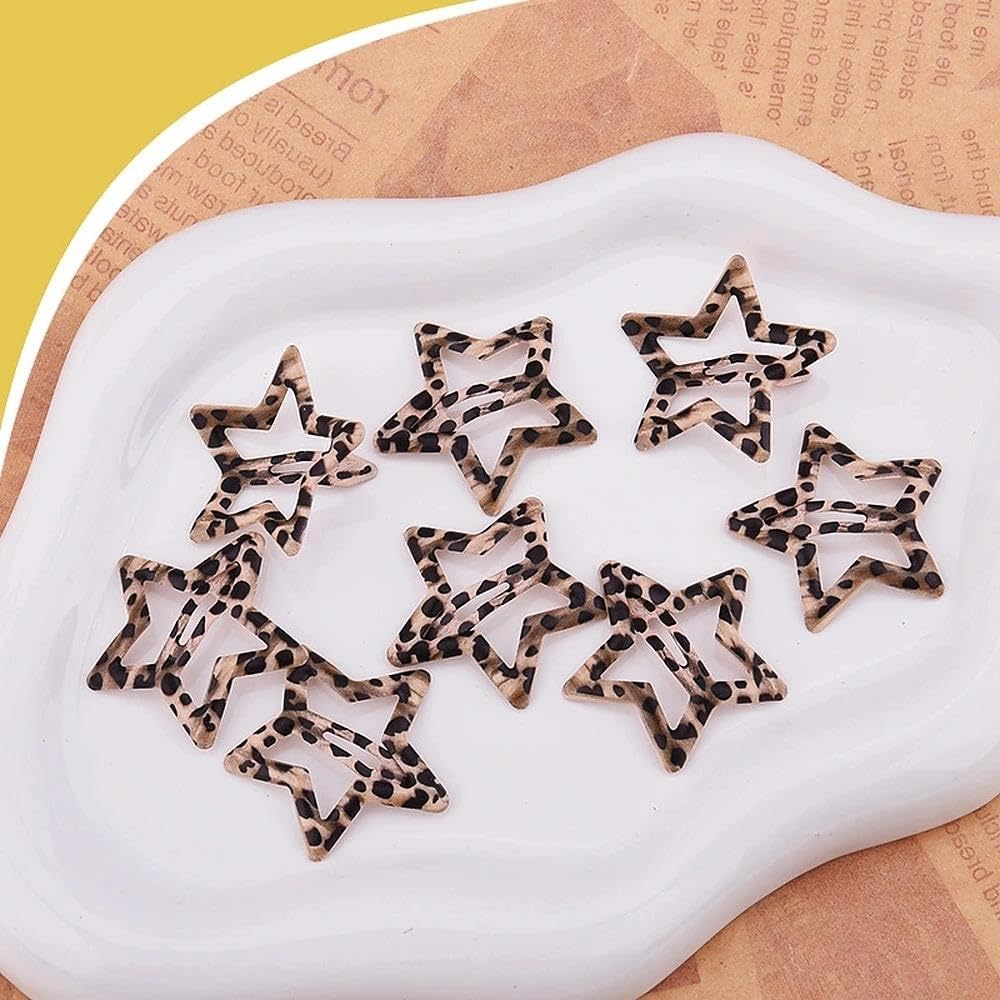 Leopard Print Star Snap Hair Clips for Teen Girls Women Non Slip Clips Barrettes Set of 8 Metal Brown Cheetah Leopard Hairpins Headpiece Aesthetic Edgy Star Hair Accessories image number 5