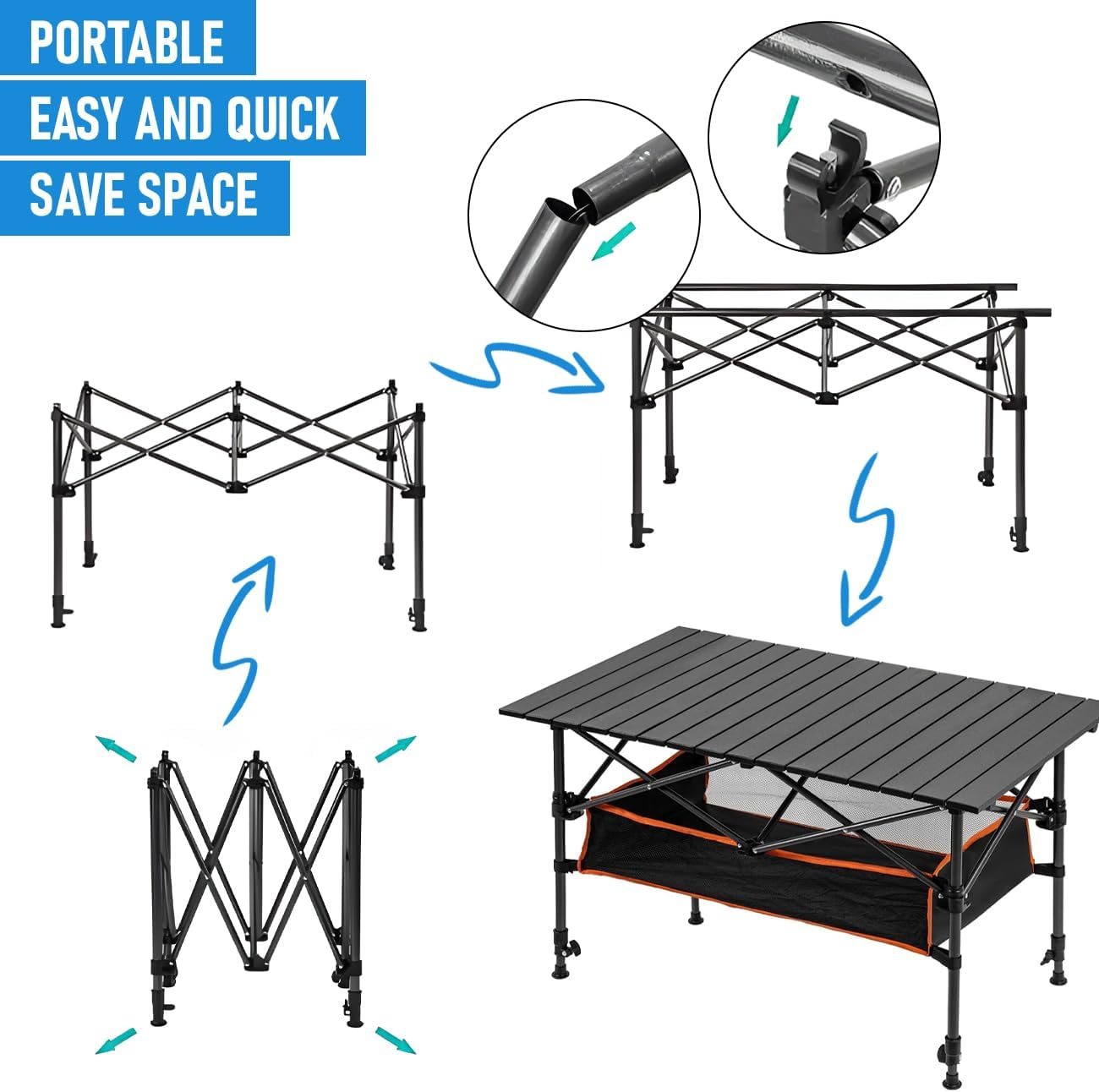 Alpen Camping Table, Folding Picnic Table with Storage Basket, Adjustable Height Foldable Lightweight Table for Outdoor Beach Grill BBQ Travel(Black with Storage Basket) image number 6