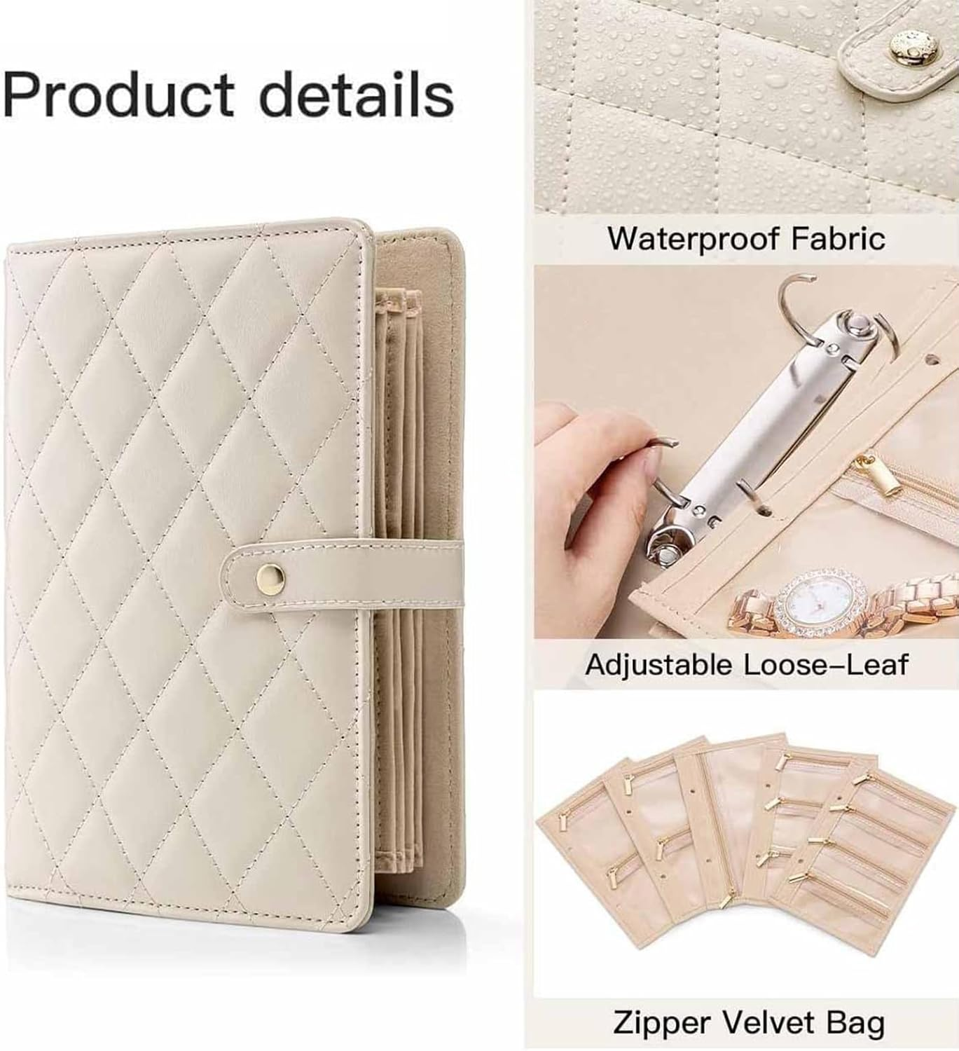 Travel Jewellery Organiser, Jewellry Home Storage Book Ring Binder with Clear Zipper Velvet Pouches for Rings, Necklaces, Earrings (Beige) image number 1