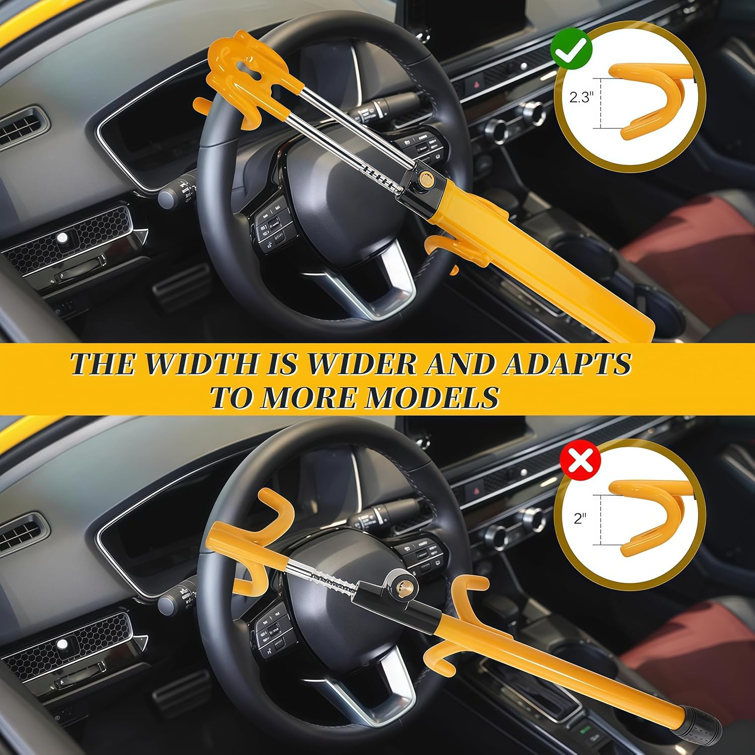 Upgraded Car Steering Wheel Lock, Multifunctional Anti-Theft Lock Device, Easy to Installation, Adjustable Length 20Cm with 2 Keys, Suitable for Most Cars, Suvs, Trucks, Vans, and Sedans...(Yellow) image number 4