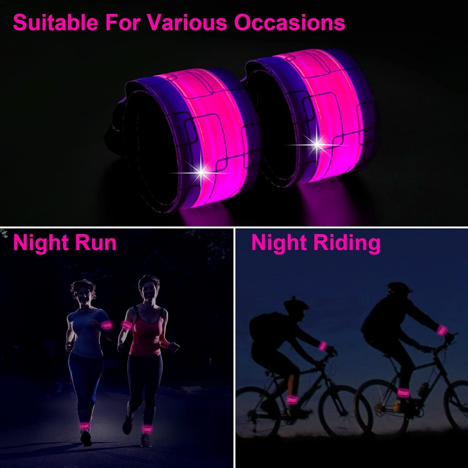 TRAYIU LED Safety Wristband Lights - 2 Pack Rechargeable Light up Arm Ankle Band Kids Magic Slap Glow Bracelets Reflective Belt High Visibility for Night Cycling Walking Joggers Running Gear - Green image number 6