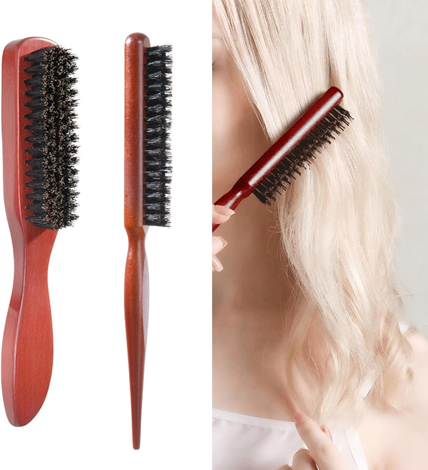 Pack of 2 Boar Bristle Hair Brush, Comb and Scissors Tools, Comfortable Handle, Easy to Carry, Suitable for Trimming and Combing Long, Thick, Curly, Thin, Thick Hair, Beard