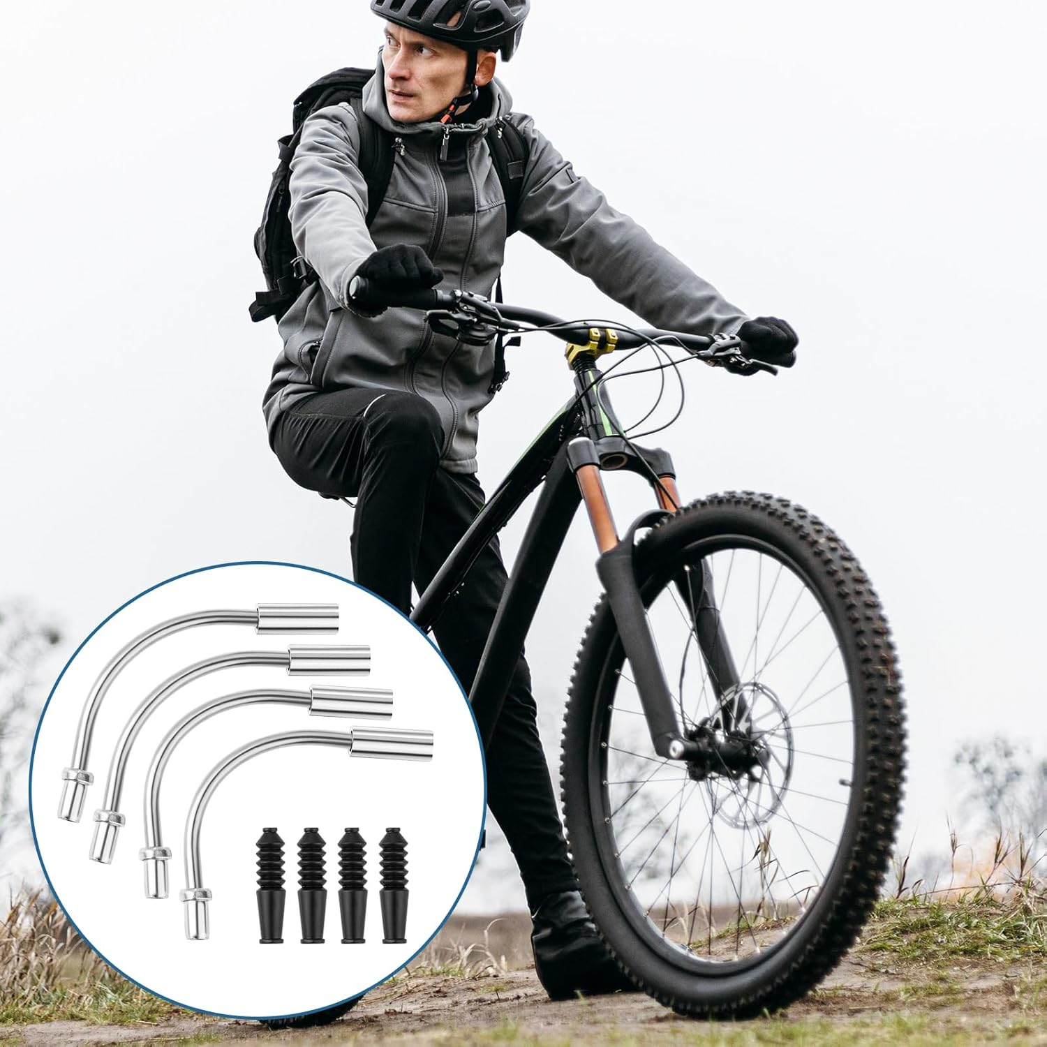 Trinkrittey Bike Brake Noodle Cable Guide Pipe Set - 8 Pcs (4X 90&deg; Bend Pipes + 4X Rubber Boots) - Silver - Plastic & Stainless Steel - Fits Most Bicycles - Easy Installation