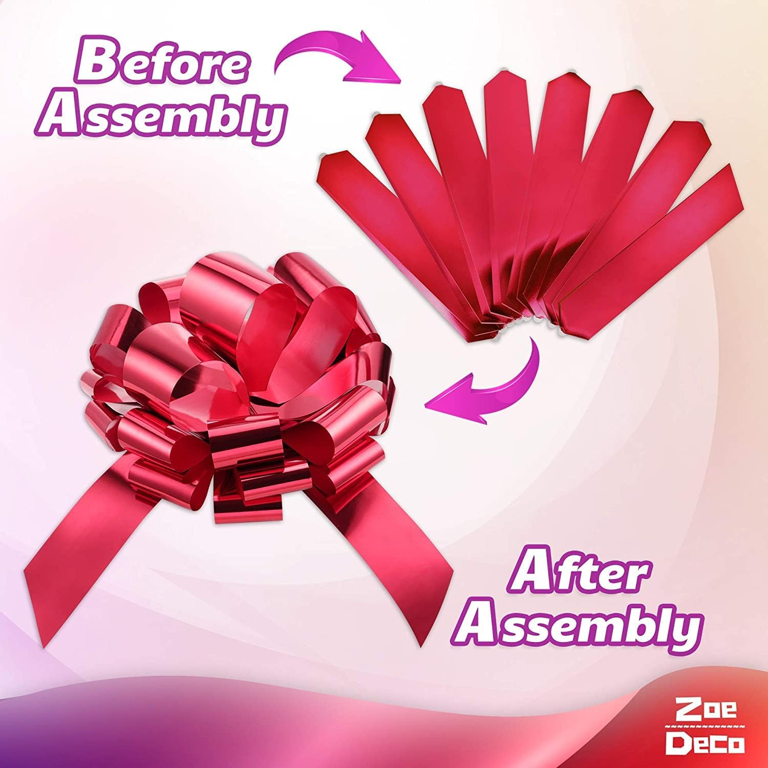 Zoe Deco - Big Car Bow - Metallic Red, 58 Cm - round Shape Gift Bows for Birthday, Christmas, Wedding Reception, Surprise Party - Large Gift Wrapping for Huge Present image number 6