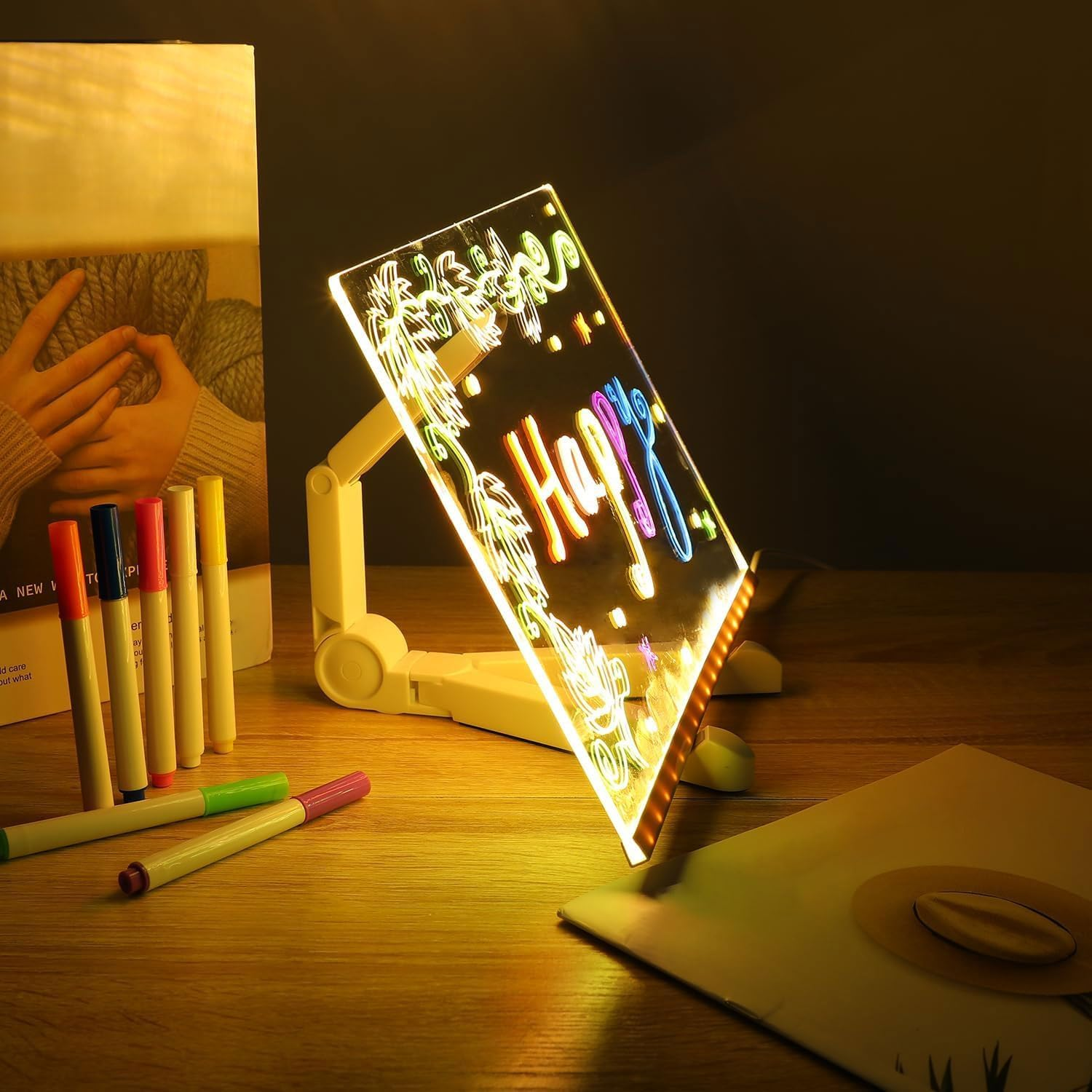 LED Note Board with Colors, Letter Dry Erase Board with 7 Pens, 5.9 X 5.9Inch Acrylic Dry Erase Board with Adjustable Stand Desktop for Office School Home image number 5
