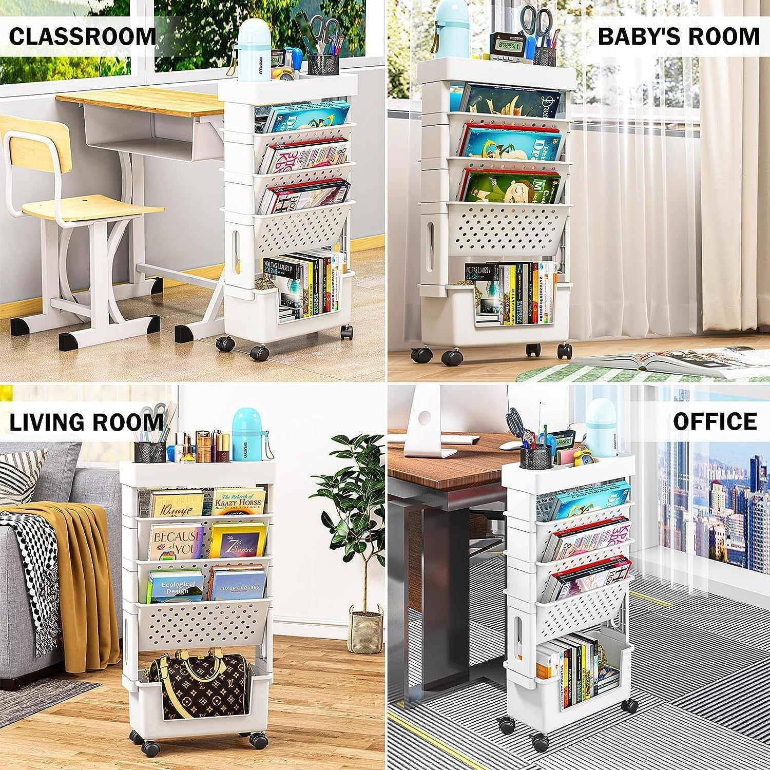 Uandhome 5 Tier Book Rack Storage Bookshelf, Removable Movable Unique Bookcase, Utility Organizer White Bookshelves Cart with Wheels for Students Study in Living Room Home Classroom School image number 5