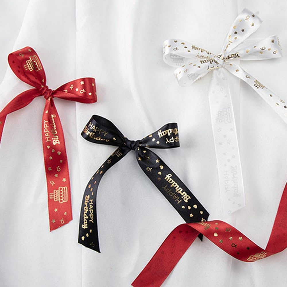 IHKFILAN Satin Ribbon for Gift Wrapping, 1 Inch 25 Yards Happy Birthday Ribbon, Polyester Ribbon with Gold Letters for Invitations Bouquets Birthday Parties Weddings DIY Bows (Black, Happy Birthday) image number 2