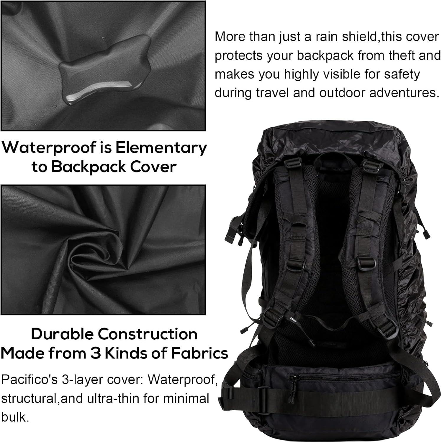 Backpack Rain Cover Outdoor, Waterproof Ultralight Backpack Cover, Portable Rain Cover Anti-Dust, Rain Cover for Outdoor Activities for Camping, Cycling, Traveling (Black) image number 4