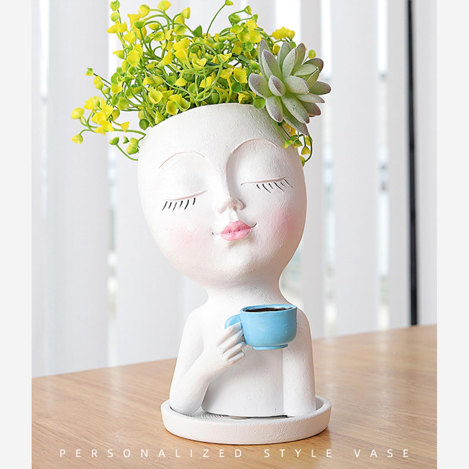 Face Flower Pot Head Planter, Cute Resin Face Planters for Indoor Outdoor Plants, Funny Succulent Planters Plant Pot Face Vase with Drainage Hole and Tray for Home Garden Cactus