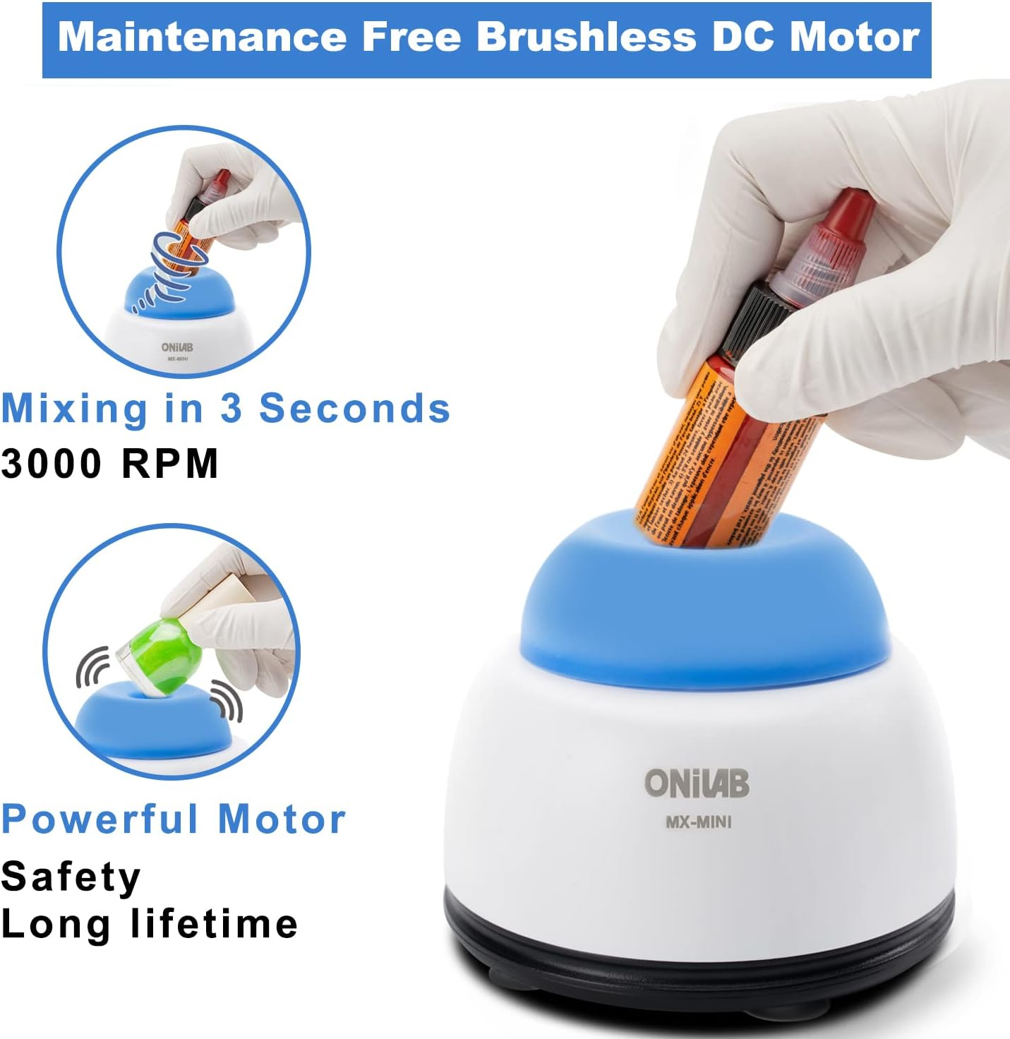 Onilab Mini Vortex Mixer with Touch Function, Lab Mixing, Nail Polish,Tattoo Ink,Eyelash Adhesives and Acrylic Paints Mixing, Lab Vortexer for Centrifuge Tubes and Test Tubes,Blue image number 4