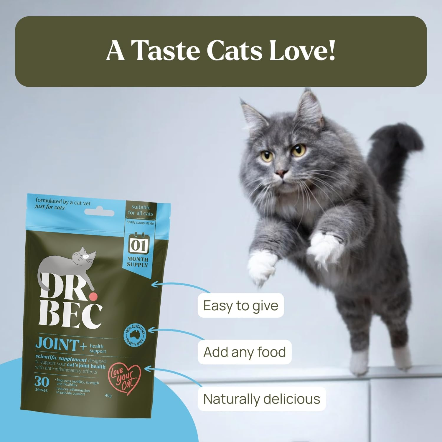 Dr. Bec Joint+ Cat Joint Supplement for Mobility & Comfort, Vet-Made Green Lipped Mussel Omega-3 & Collagen Blend, Australian Made image number 6