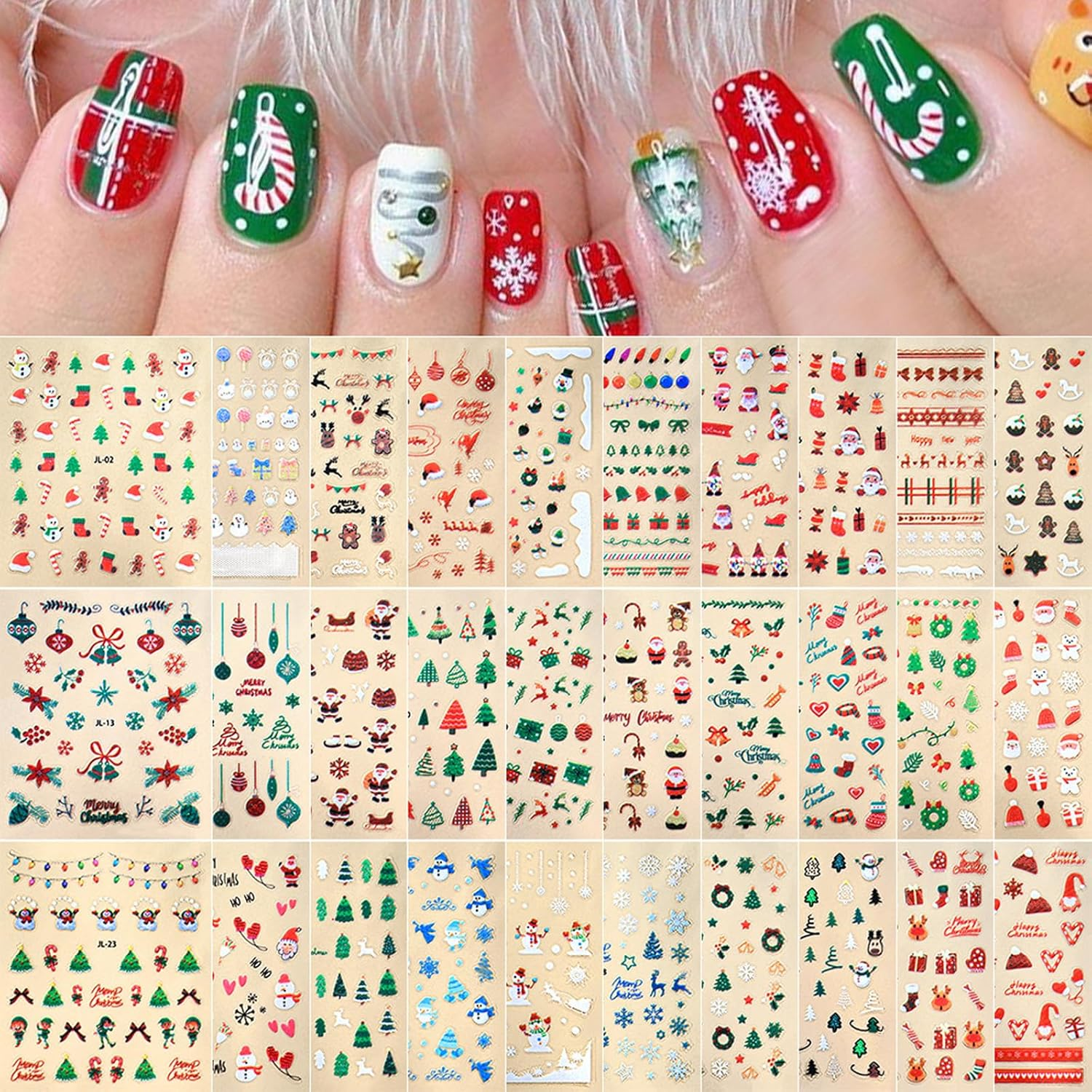 Christmas Nail Stickers 30 Sheets 3Dself-Adhesive Seasonal Nail Decals with Penguin, Deer, Snowman, Snowflake, Elk, Santa Claus for Women'S Winter Holiday Nail Art​ image number 5