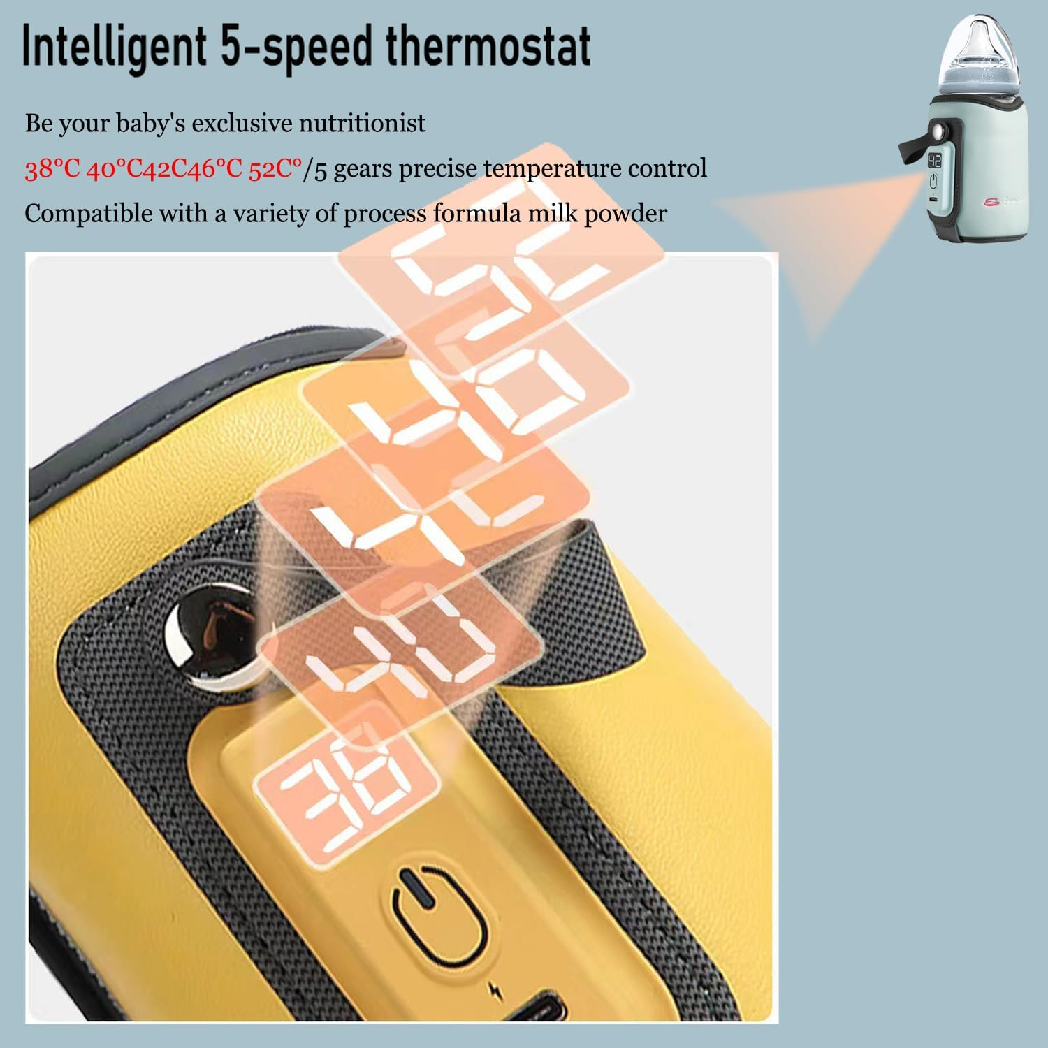 KGYMJR Baby Bottle Warmer, Portable Bottle Warmer Bag with USB Charge , Constant Temperature Bottle Warmer with Temperature Display,Five Gear Adjustable,Fast Heating for Night Feedingtravel Daily Use (Blue)