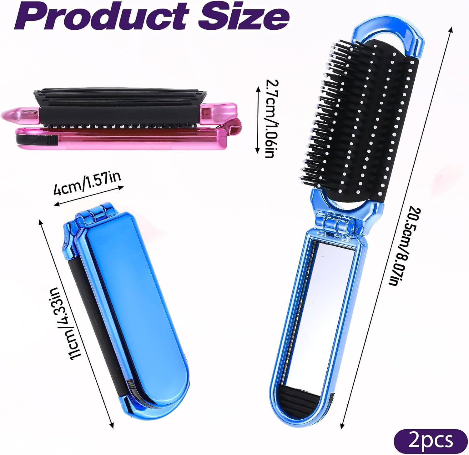2-Pack Folding Hair Brushes with Detachable Mirror, Gradient Color Portable Travel Hairbrush for Women and Teens, Compact Purse Brush for Travel, Gym, Work, and Daily Use image number 3