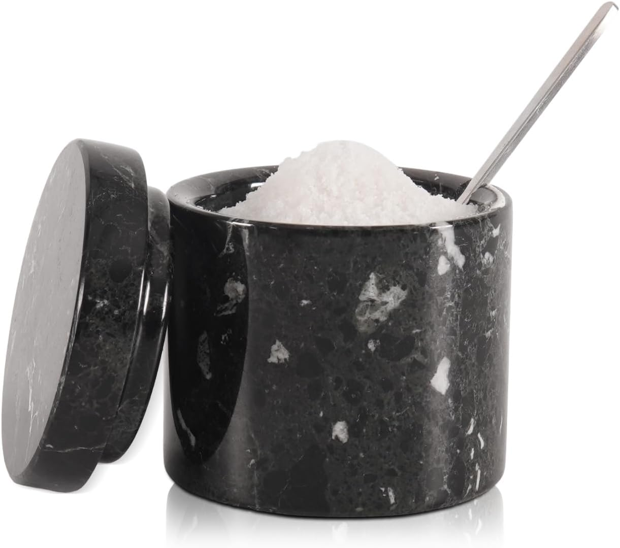 SPESHSTONES Marble Salt Cellar with Lid and Spoon 3'' Inches White Salt Container Handmade Spice Seasoning Containers for Kitchen Storage Accessories - Salt Box & Ideal Sugar Bowl, Flaky Salt Cellar