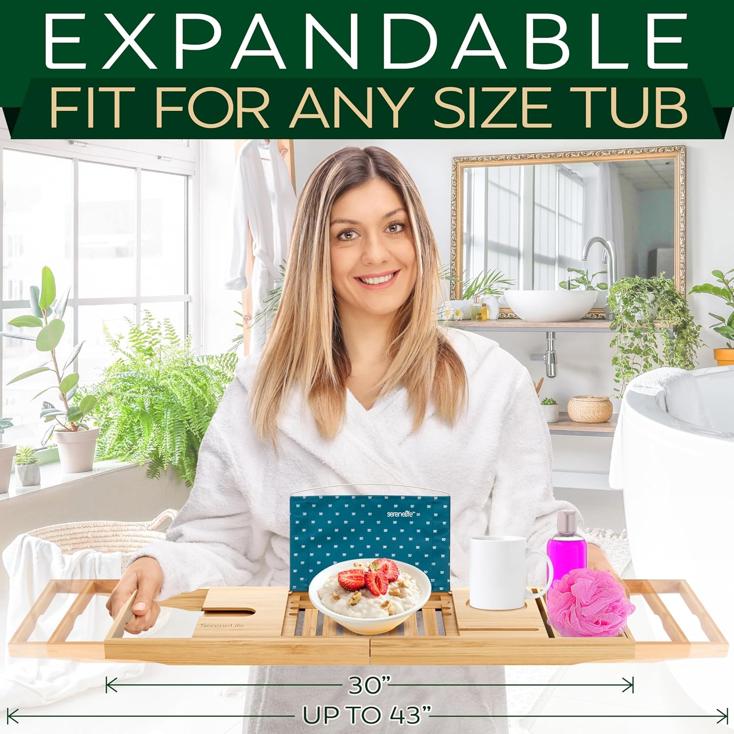 Serenelife Bamboo Bathtub Caddy Tray &ndash; Expandable, Adjustable Bath Shelf with Book/Tablet Holder & Removable Accessory Trays (Natural Finish)