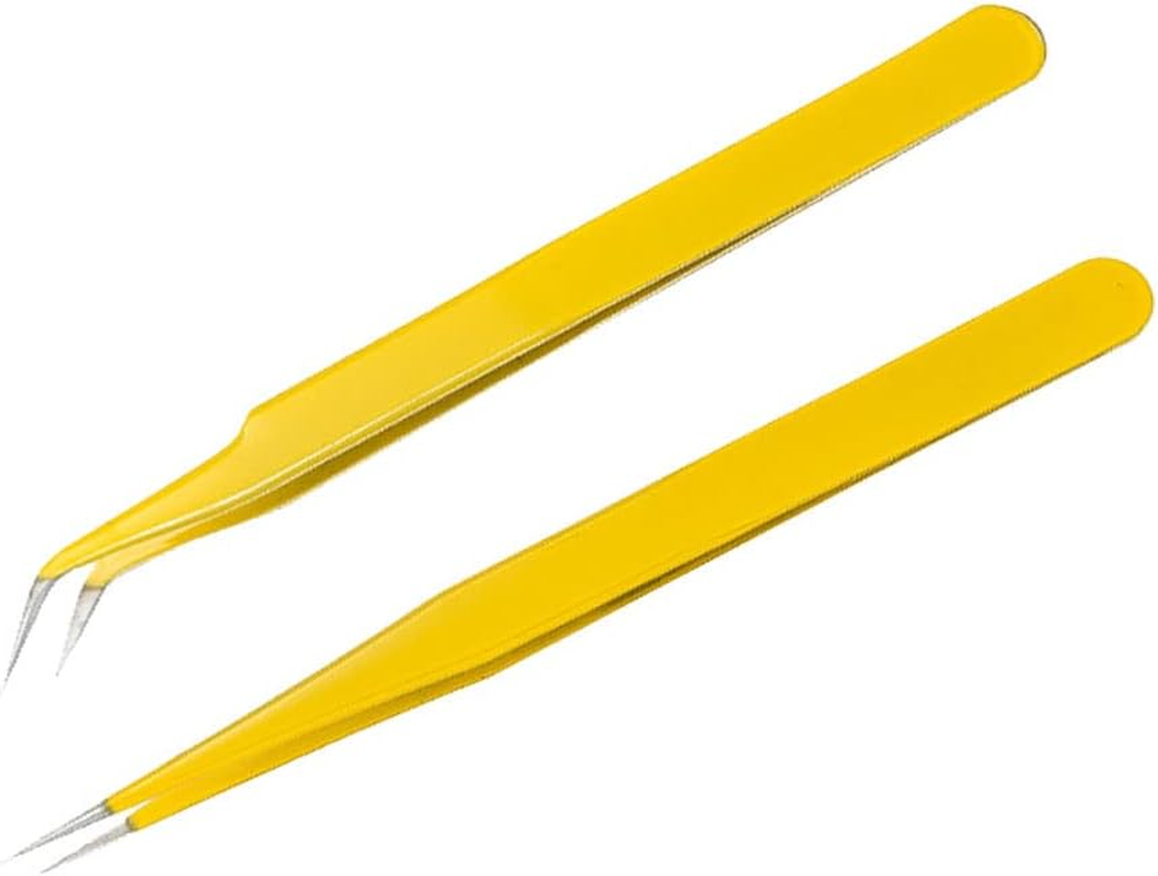 MAXLEAF 2Pcs Stainless Tweezers Straight Curved Tweezers for Stickers Eyelash Extensions Precision Electronics Nail Rhinestone Jewelry, Scrapbooking Tools (Yellow) - Green image number 2