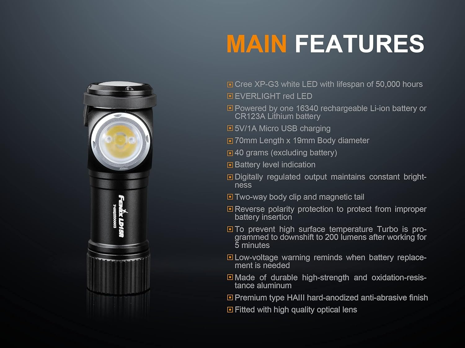 Fenix LD15R USB Rechargeable Torch - Camping Flashlight Durable Resistance Aluminium - Bright Flashlight 500 Lumens - Waterproof Flashlight for Hiking, Repairing & Camping Accessories - Black image number 2