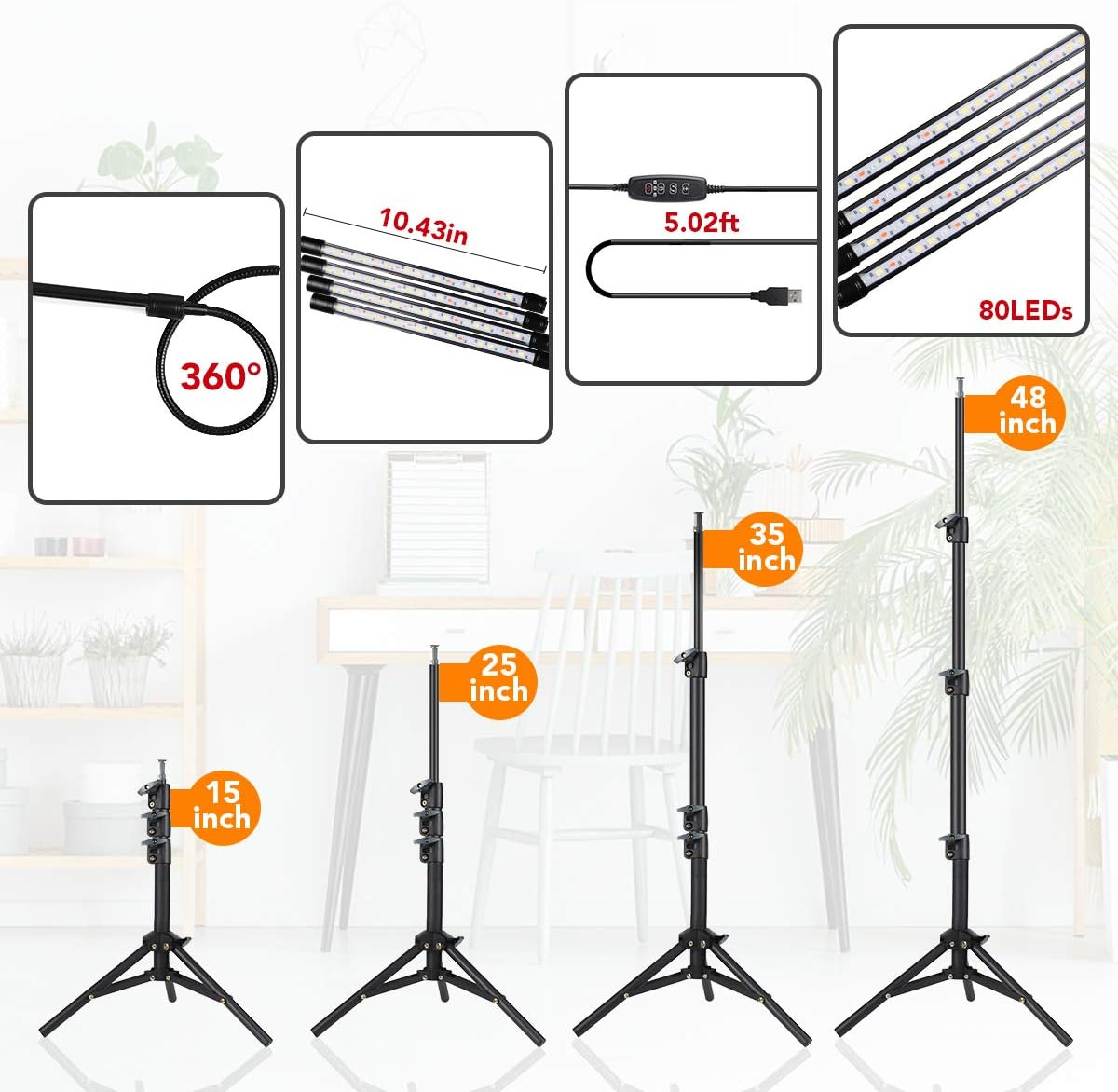 Ghodec Grow Light with Stand, 5500K Full Spectrum Gooseneck Floor Plant Light for Indoor Plants Growing,5 Dimmable Levels & Auto On/Off Timer,Tripod Stand Plant Lamp Height Adjustable image number 6