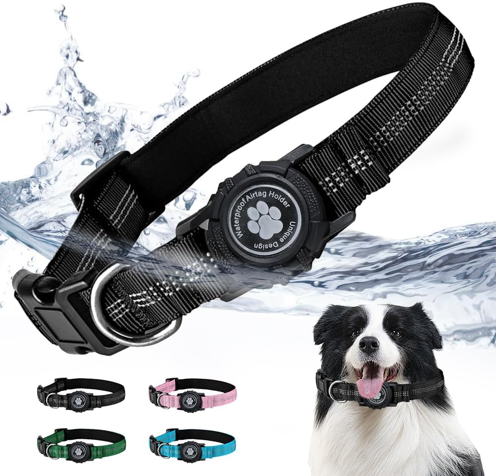 Reflective Air Tag Dog Collar with Waterproof Apple Airtag Holder for Small Medium Large Dog Locking Buckle Havey-Duty Nylon Dog Collars Blue XS