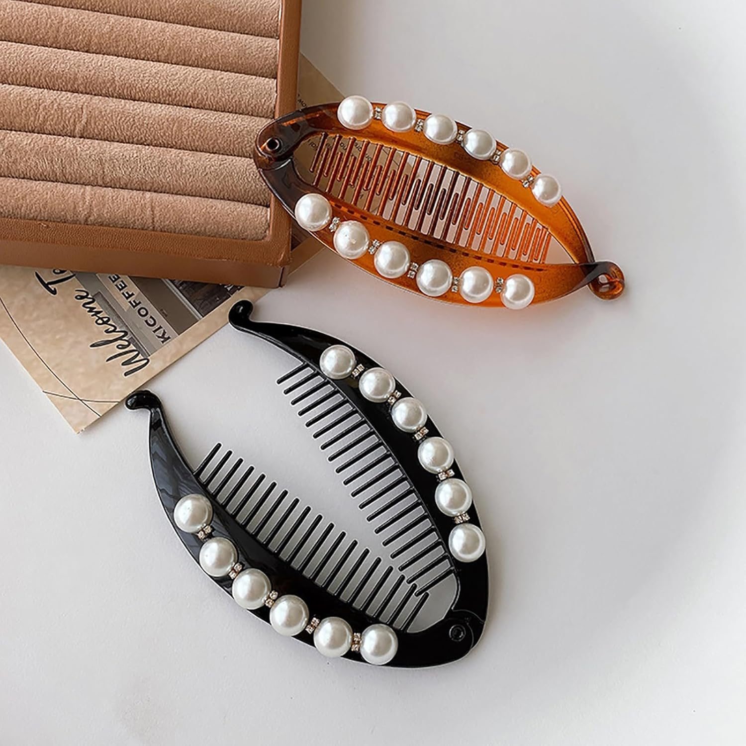 2PCS Pearl Rhinestone French Banana Clip Ponytail Vertical Clip Fishtail Clip Grips Clamp Headwear Styling Hair Accessories for Women Teen Girls Black Hair Clips for Women Girls image number 5